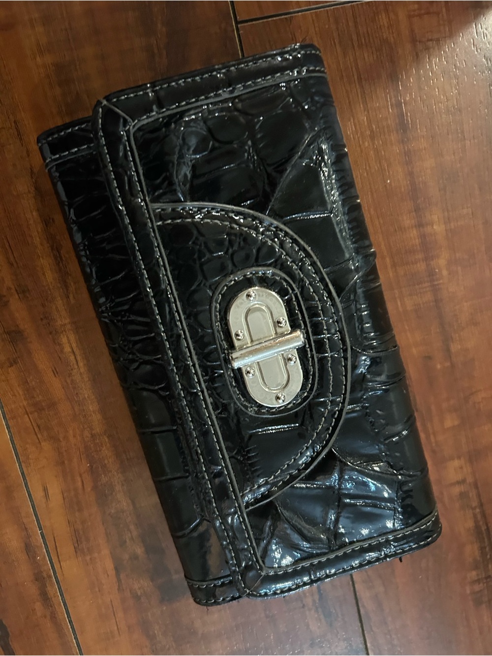 Black Croc-Embossed Patent Wallet with Silver Turn-Lock